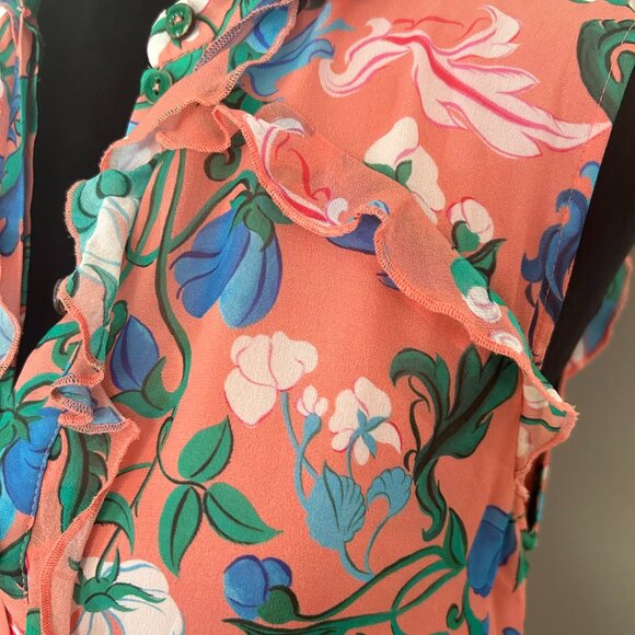 Saloni Shirt Dress Tilly 100% Silk Pink Floral Button Up Ruffle Sleeveless SZ4 - Picture 13 of 13